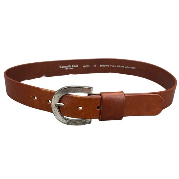Kenneth Cole Brown Leather Silver Horseshoe Buckle Western Belt  27.5"-31.5" - Picture 1 of 8